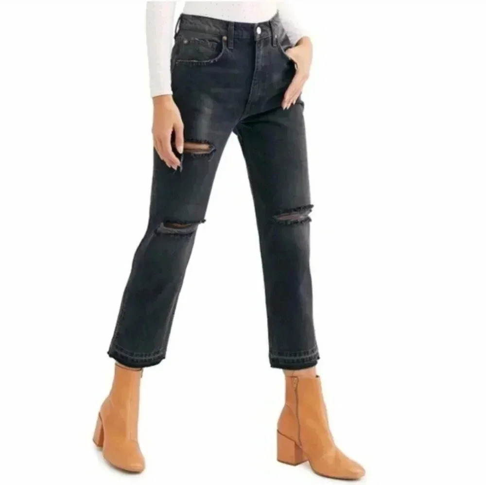 We the Free Free People Black Heavily Distressed Straight Raw Hem Mom Jeans(28)